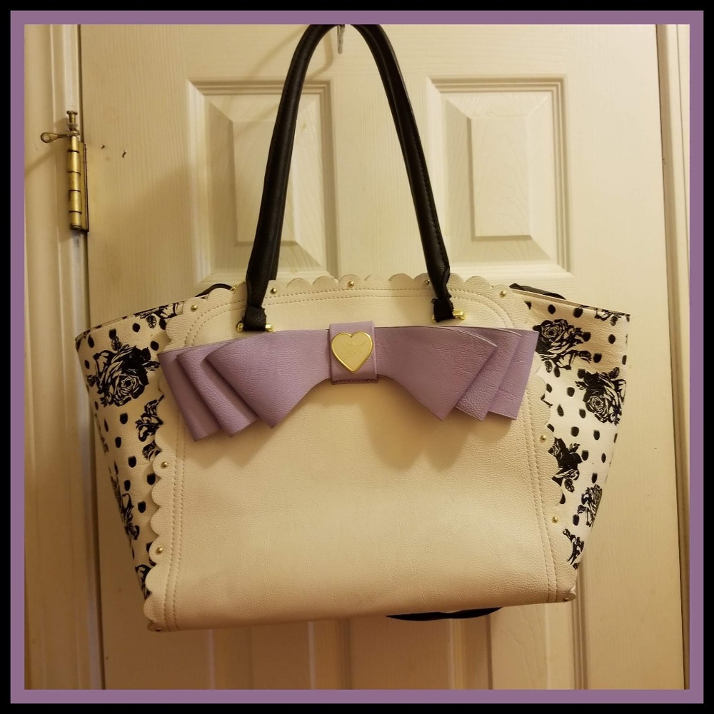 Betsy Johnson Tote Black White Floral & Purple Bow